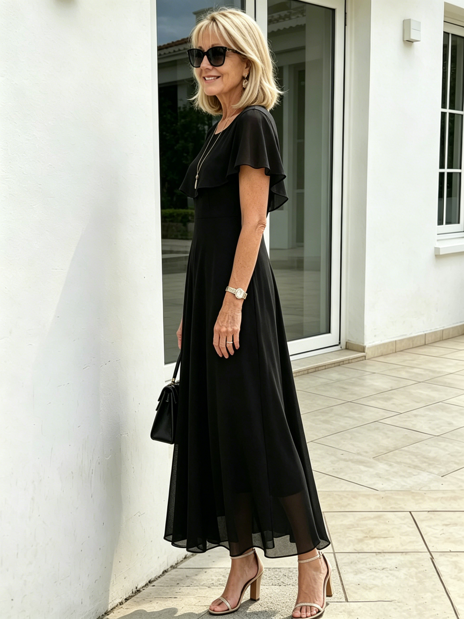 Black Ruffle Cape Sleeve Chiffon Maxi Dress, Round Neck Waist Defined Flowy Big Swing Hem Elegant Formal Dress