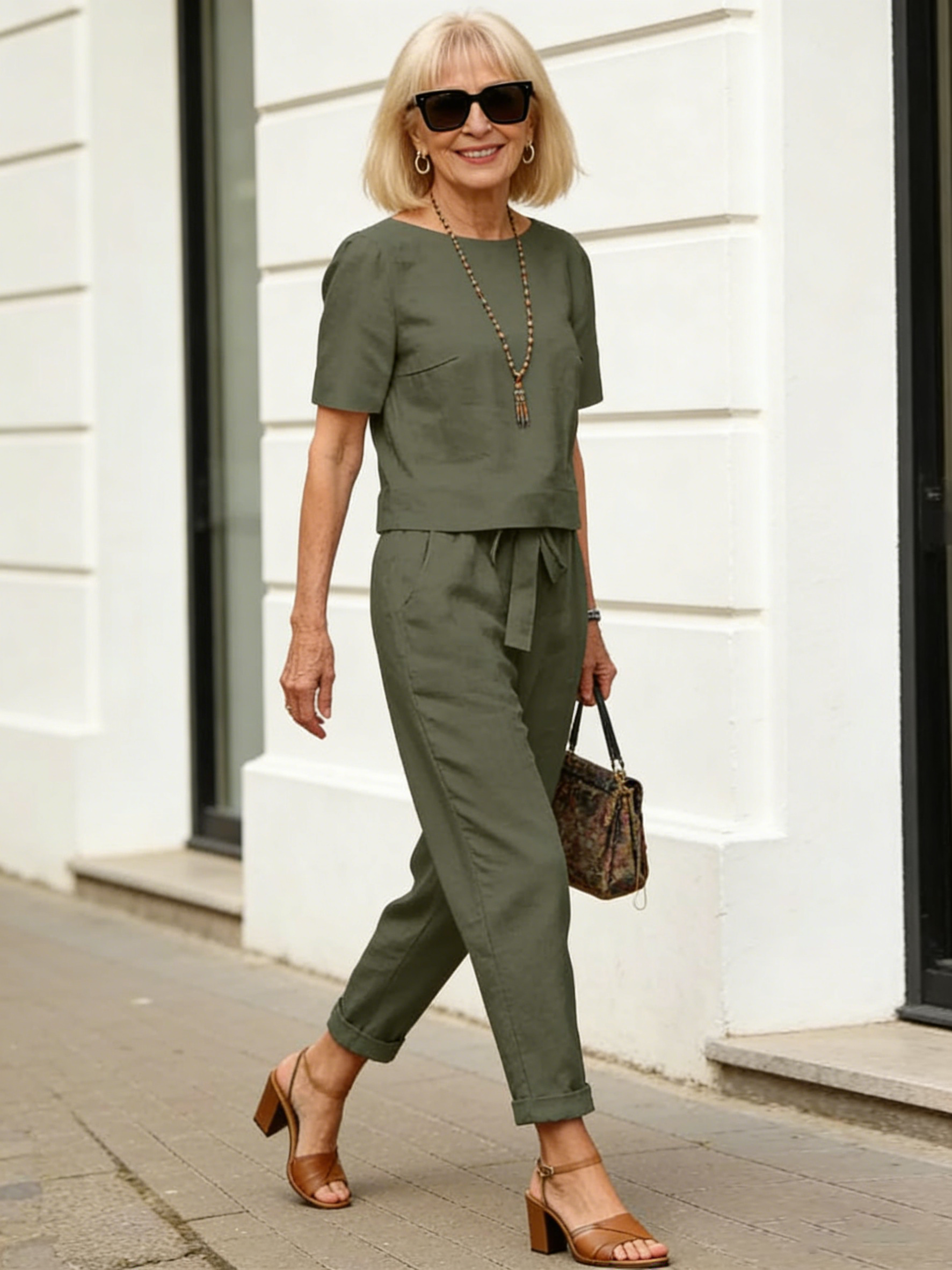 2Pcs Summer Fashion Solid Color Short-Sleeved Trousers Two-Piece Suit (Including Belt)