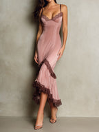 Elegant Blush Satin Lace-Trim Slip Midi Dress With Asymmetric Hem