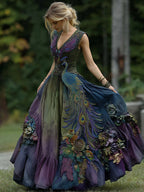 Vintage Classy Gradient Purple Peacock And Floral Embroidered  Sleeveless V Neck Maxi Dress