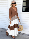 V-Neck Short Sleeve Printed Long Dress Button Casual Dress