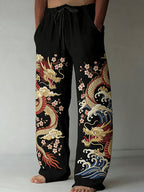 Men's Japanese Dragon & Cherry Blossom Art Comfy Linen Pants