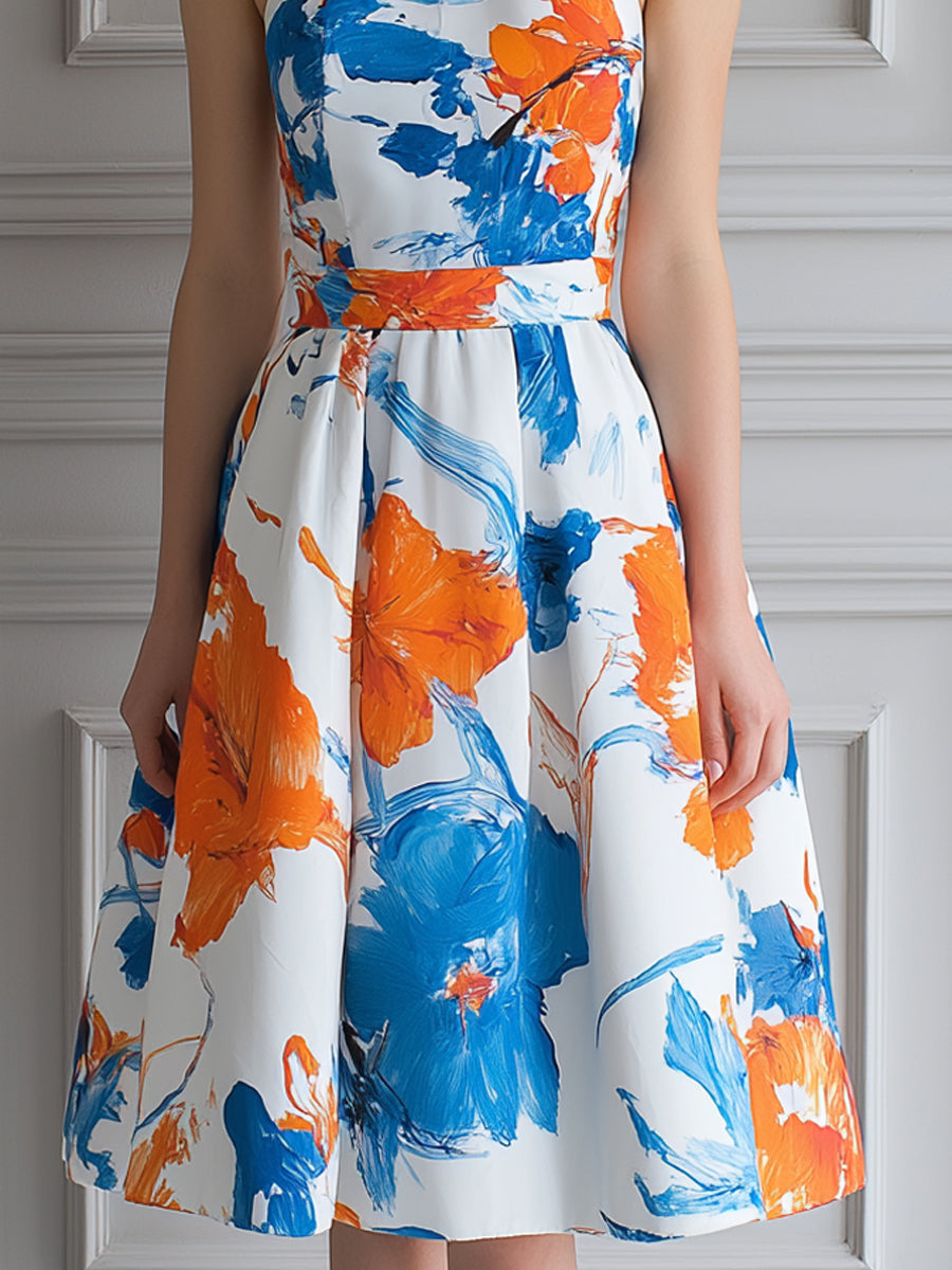 Abstract Orange And Blue Floral Print Halter Midi Dress