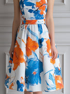 Abstract Orange And Blue Floral Print Halter Midi Dress