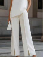 Sleeveless A Round Neck Top & High Waist Split Wide Leg Pants Two Piece Set