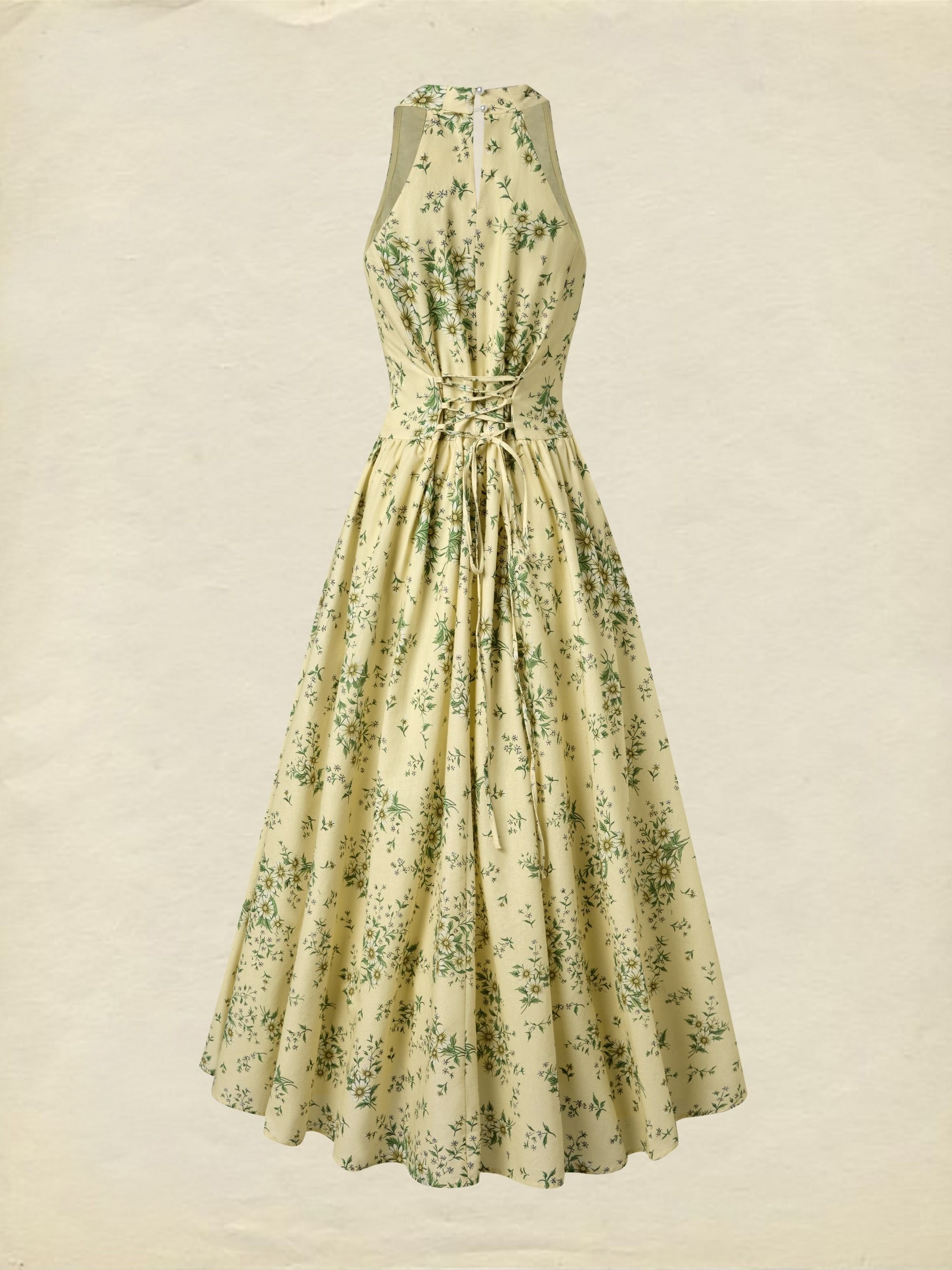 Maxi Cotton Dress, Sleeveless, V Neck, Floral, 3D Floral (Detachable), Vacation, Vintage, Yellow