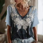 Butterfly Flower Embroidery Patchwork Striped Design Women's Summer Linen T-shirt