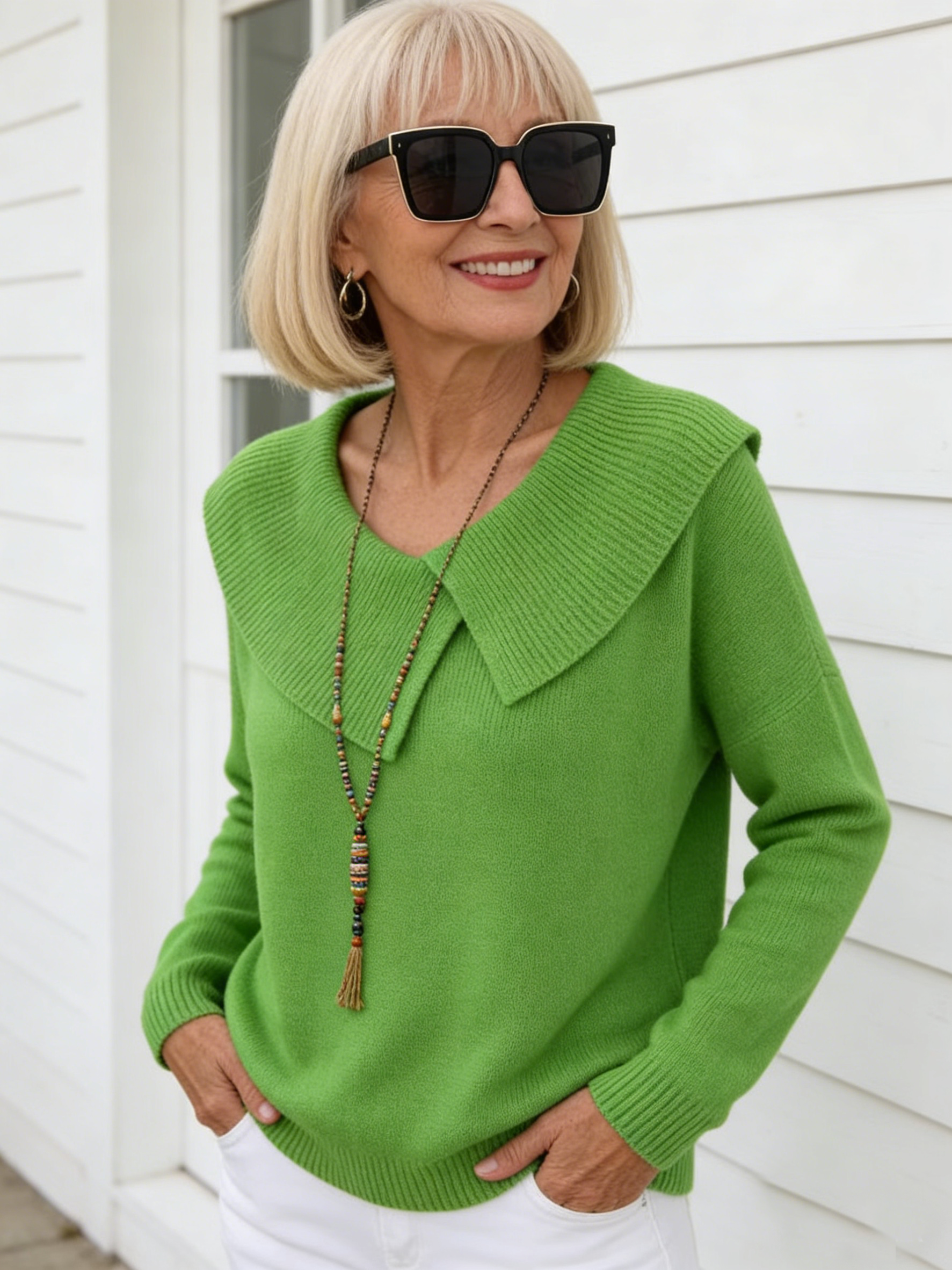 Fashion Temperament Slimming Lapel Sweater Versatile Knitting Lazy Temperament