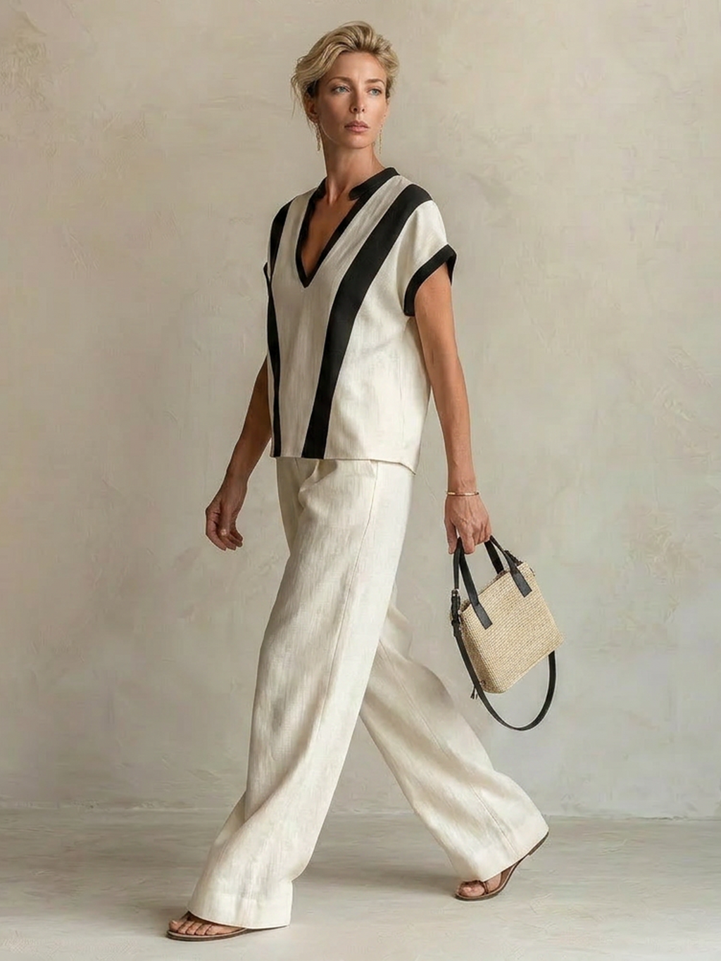 Cream Linen-Blend Color-Block V-Neck Top & Wide-Leg Pants Two-Piece Set