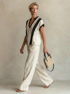 Cream Linen-Blend Color-Block V-Neck Top & Wide-Leg Pants Two-Piece Set