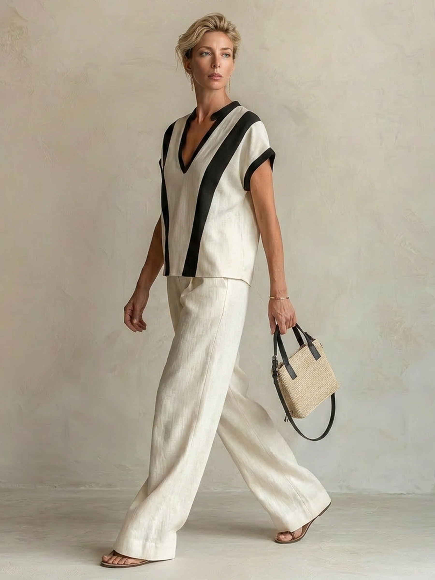 Cream Linen-Blend Color-Block V-Neck Top & Wide-Leg Pants Two-Piece Set