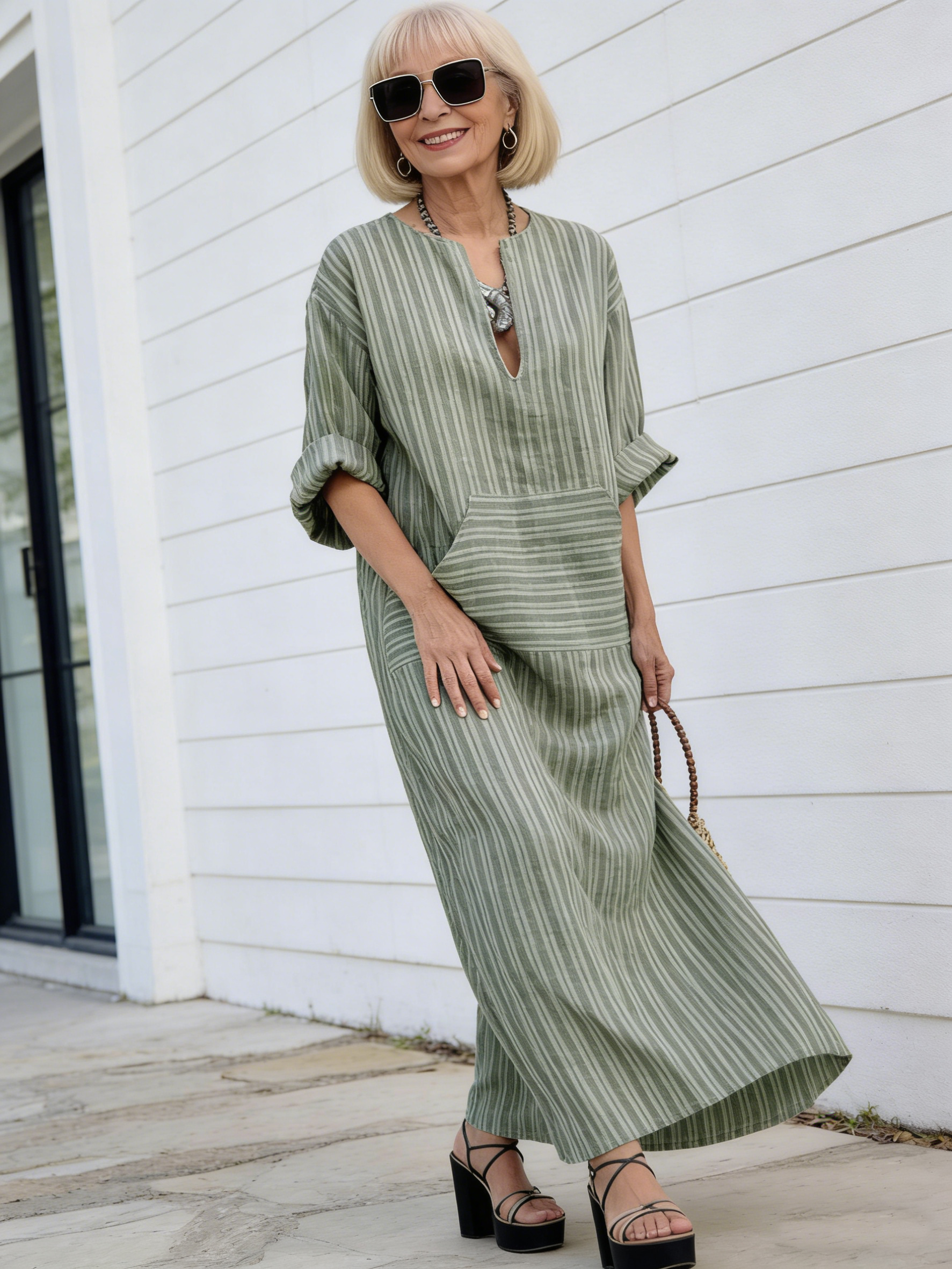 Cotton and linen dyed striped loose dress