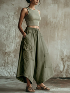 Olive Green Washed Denim Utility Wide-Leg Culottes