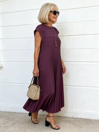 Elastic Dress Women's Elegant Fashion Crew Neck Sleeveless Pleated Long Dress
