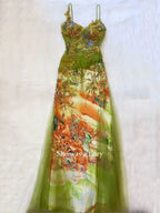 Sequinned Flower Embroidered mesh splicing Sleeveless Spaghtti-Neck Evening Maxi Dresses
