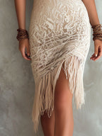 Boho Chic Champagne Lace Halter Fringe Midi Dress