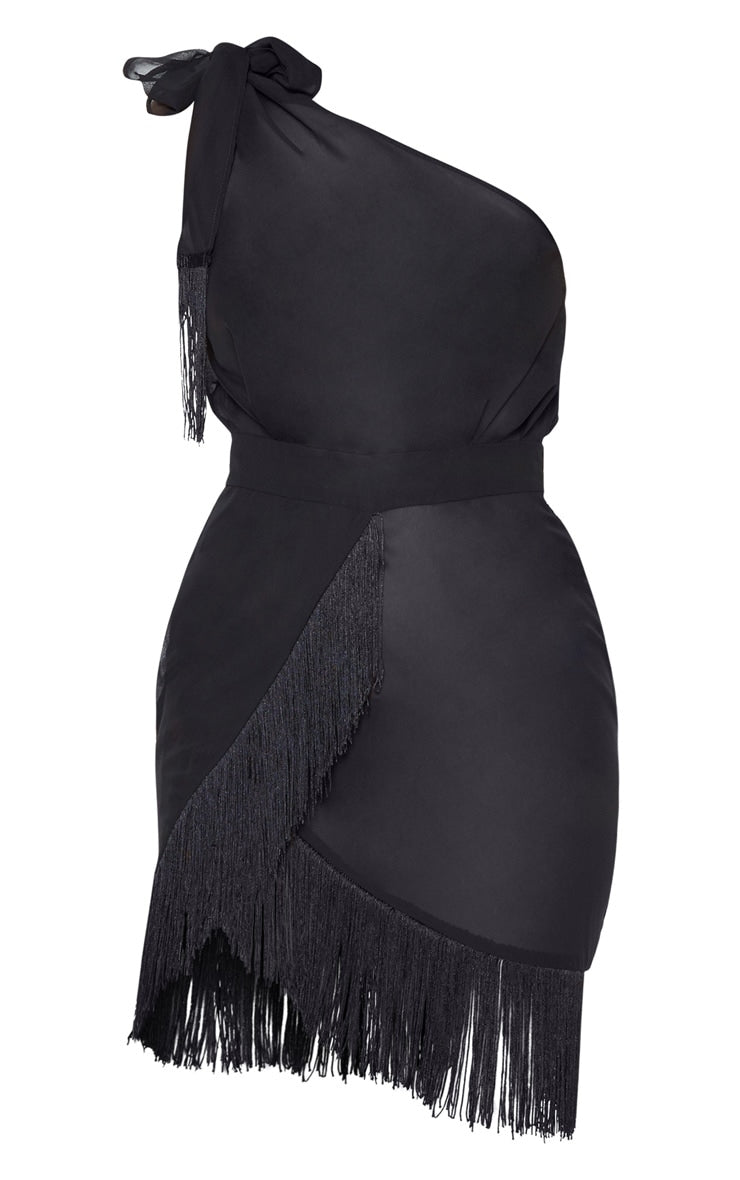 Black Asymmetric Fringe Beach Dress
