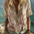 Bohemian Style Sakura Diamond Embroidery Vintage Short-sleeved Shirt