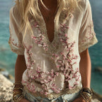 Bohemian Style Sakura Diamond Embroidery Vintage Short-sleeved Shirt