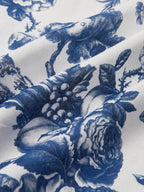 Midi Linen Dress , Short Sleeves, Shawl Collar, Floral, Vacation, Vintage, Blue