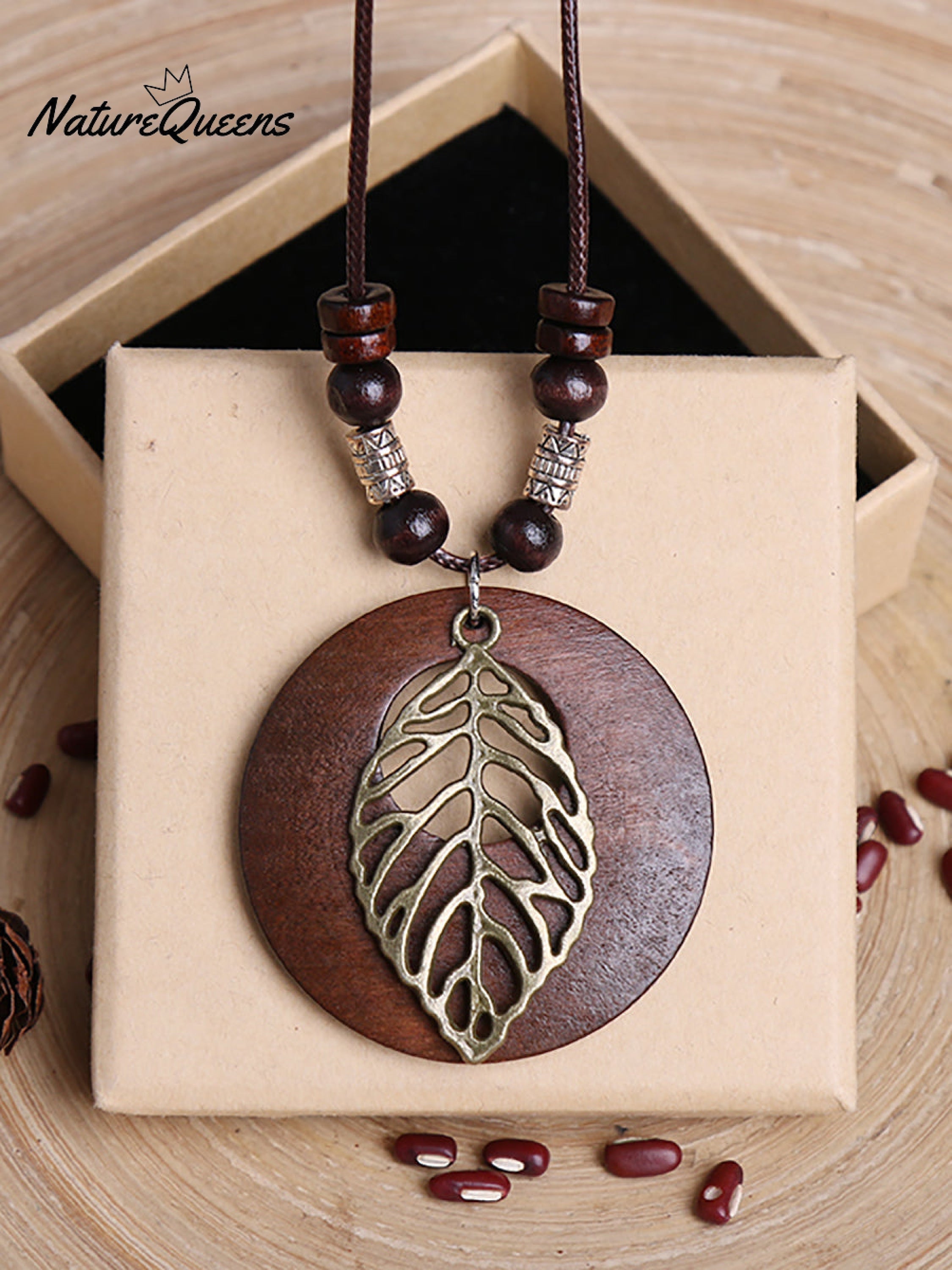 Vintage Alloy Leaf Wooden Pandent Necklace
