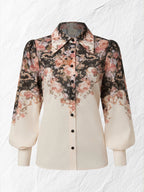 Cotton Shirt, Long Sleeves, Shawl Collar, Floral, Button Design, Vacation, Vintage, Apricot