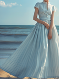 (SIZE:XS-XXL)Maxi Dress, Vintage, Summer, Natural, A-Line, Lace Collar, Short Sleeves, Blue
