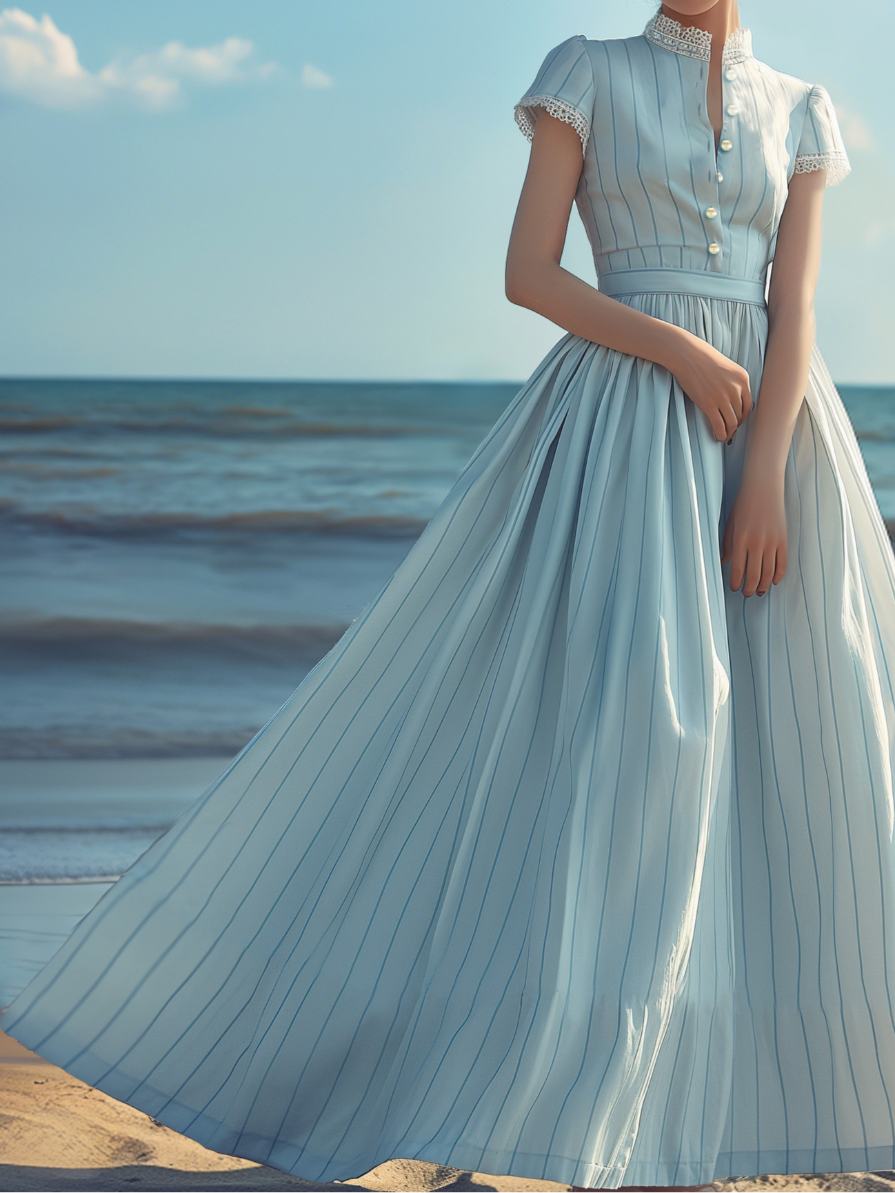 (SIZE:XS-XXL)Maxi Dress, Vintage, Summer, Natural, A-Line, Lace Collar, Short Sleeves, Blue