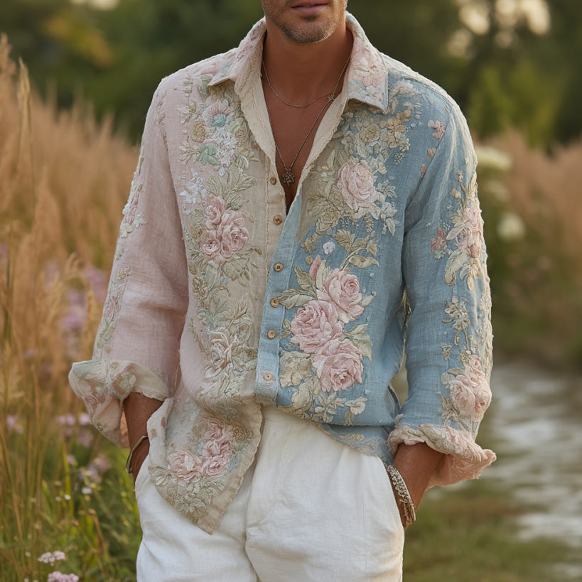 Men's Floral Embroidered Casual Long-sleeved Shirt