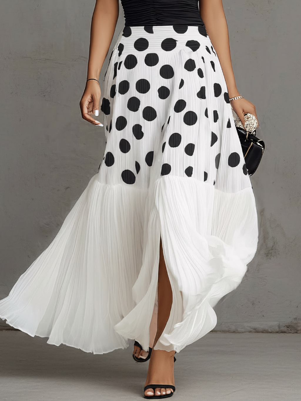 Black Off Shoulder Ruched Top And White Polka Dot Chiffon Pleated Skirt Set