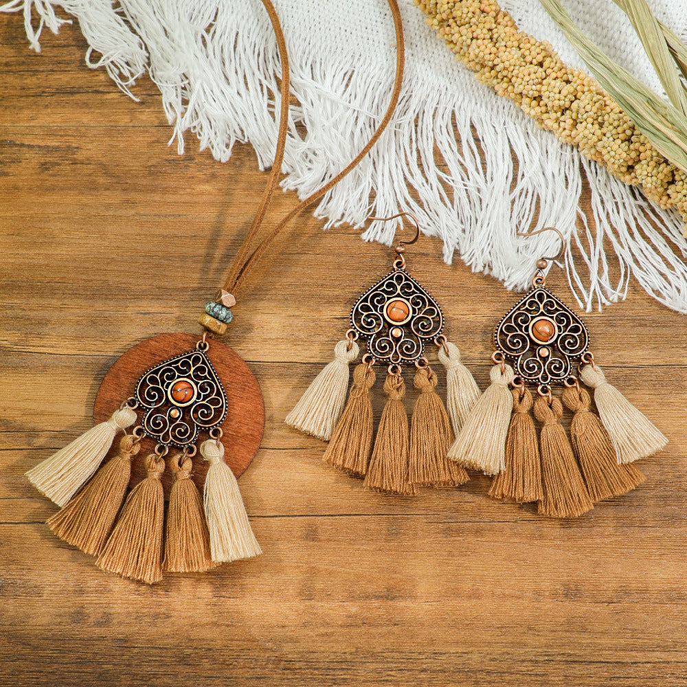 3pcs Boho Ethnic Long Sundry Colors Tassel Pendant Necklaces For Women Retro Rhinestone Drip Oil Alloy Necklace