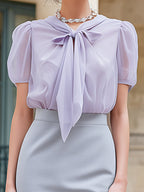 Elegant Lavender Bow Blouse & Grey Pencil Skirt Two-Piece Set