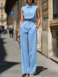 Striped Sleeveless Front-Button Wide-Leg Two-Piece Set