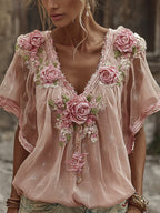 Women's Retro Floral Embroidered Art Flowy Linen Blend Short Sleeve Casual Tops