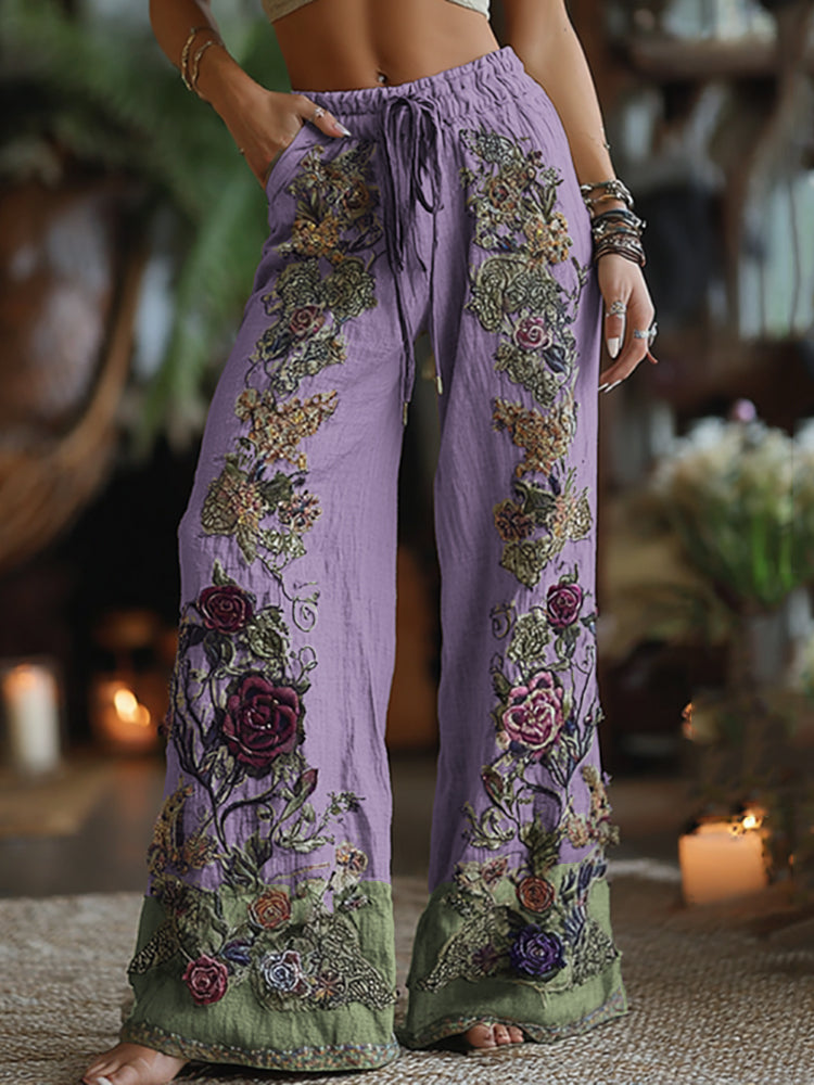 Classy Purple Lavender And Floral Embroidered Art Linen Pants