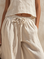 Beige Linen-Blend Sleeveless Top & Drawstring Wide-Leg Pants Two-Piece Set