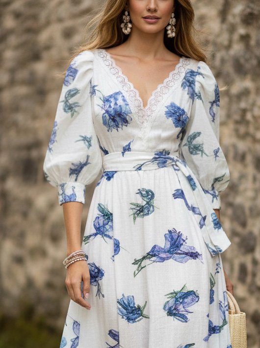 Maxi Linen Dress, Half Sleeve, V Neck, Floral, Lace, Vacation, Vintage, Blue