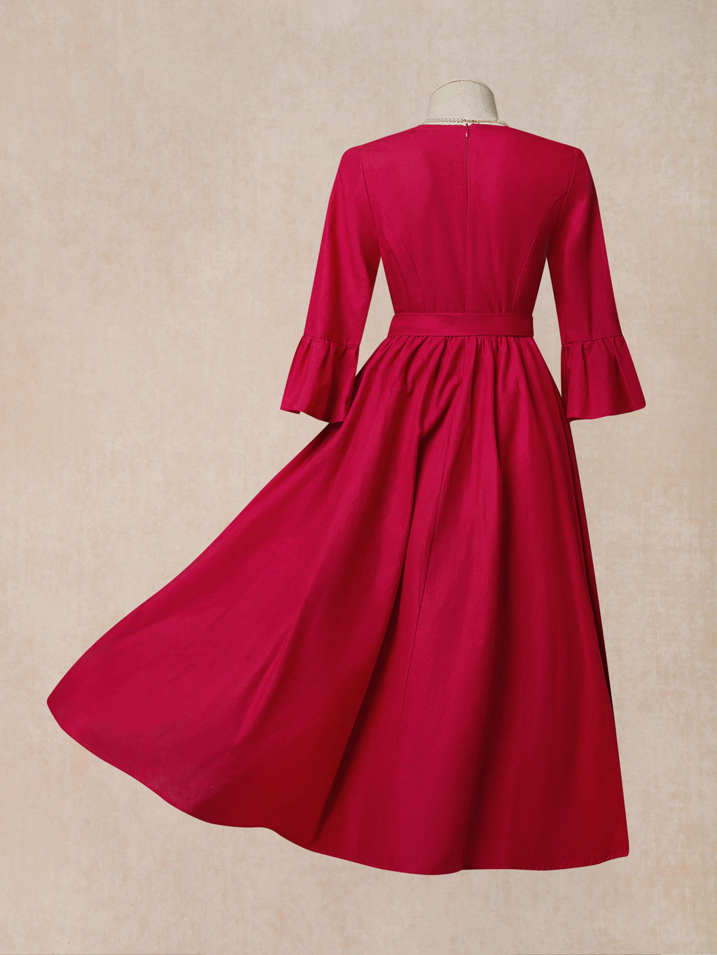 Linen Maxi Dress, 3/4 Sleeve, V Neck, Jane-Inspired Vintage, Tea Party, Linen Blend, Red, Belt