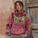 Women's Vintage Bohemian Floral Embroidery Patchwork Long Sleeve Hoodie