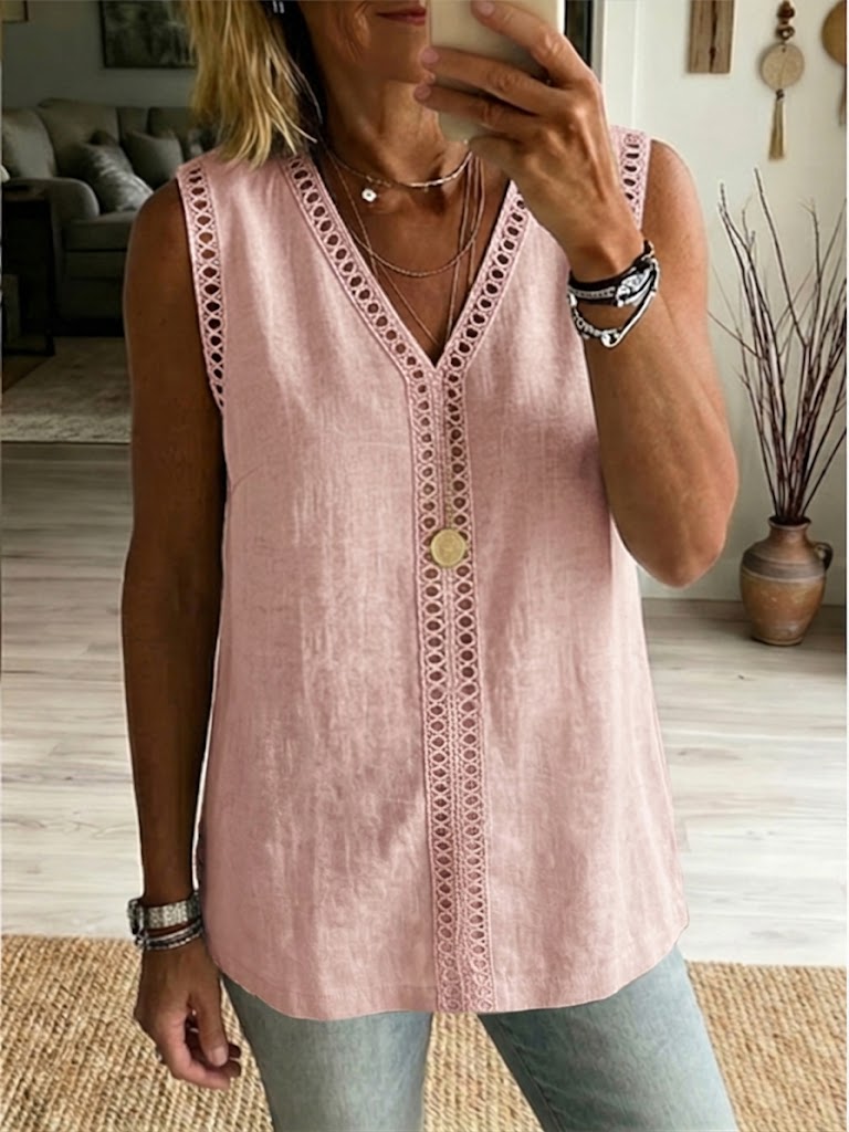 Casual Sleeveless Linen & Cotton Top With Cutout Webbing And Patchwork Detail