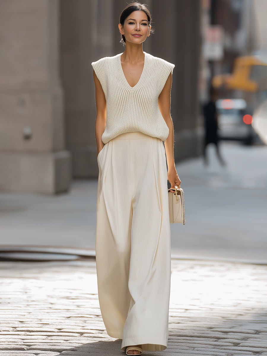 Relaxed V-Neck Knit Vest & Wide-Leg Trousers Set