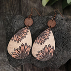 Unique Droplet Shape Wooden Dangle Earrings - Retro Bohemian Style, Sunflower Print, Trendy Female Ear Ornaments with Natural Wood Grain and Hypoallergenic Posts for Sensitive Skin - Perfect for Everyday Wear and Gift Giving