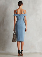 Fashionable Retro Sleeveless Off-shoulder Slit Light Blue Denim Midi Dress