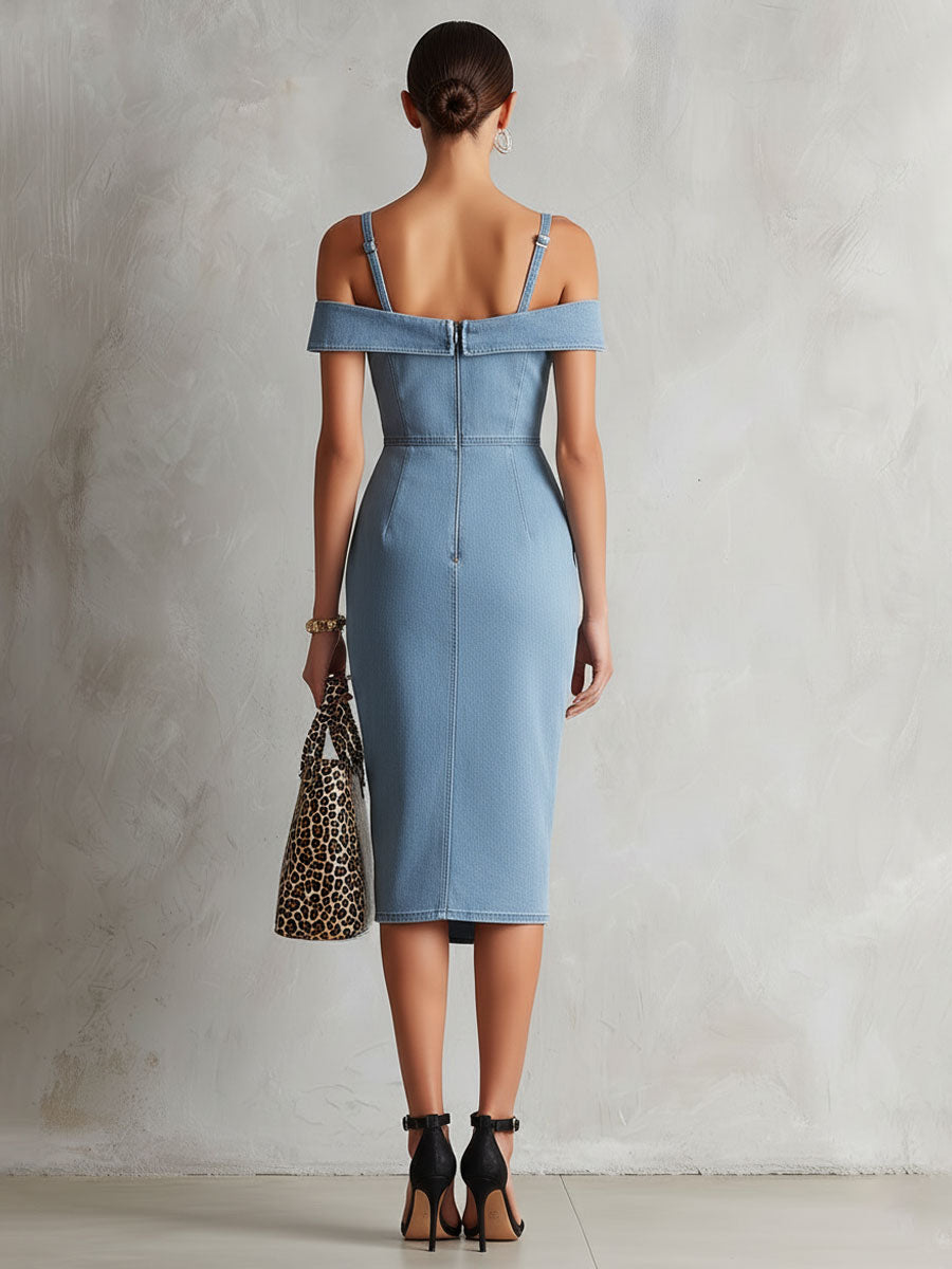 Fashionable Retro Sleeveless Off-shoulder Slit Light Blue Denim Midi Dress