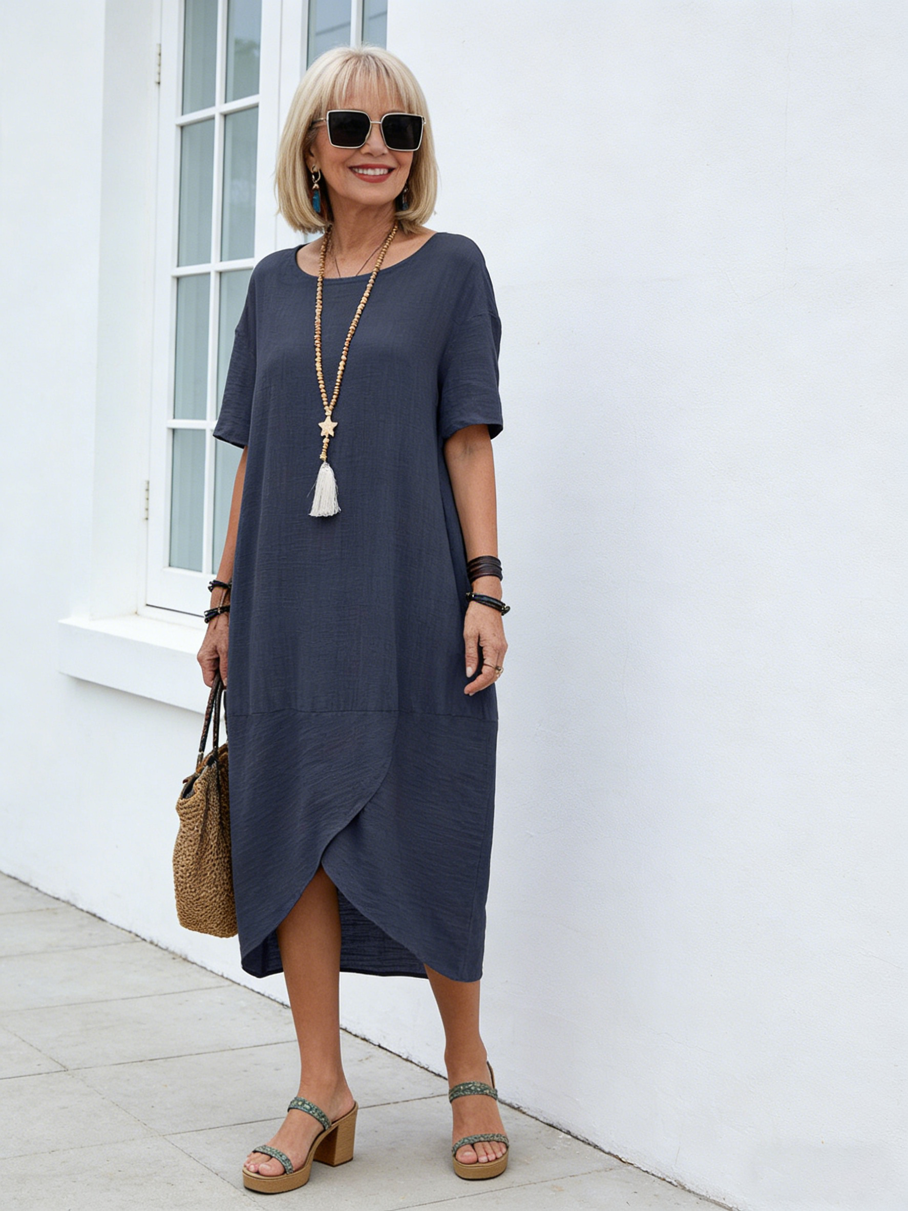 Solid Color Cotton and Linen Retro Round Neck Short Sleeves Mid-Length Dress Women