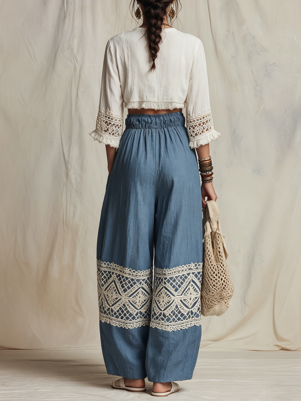 Blue Boho Linen Harem Pants with Crochet Lace Trim | Relaxed Fit Casual Trousers
