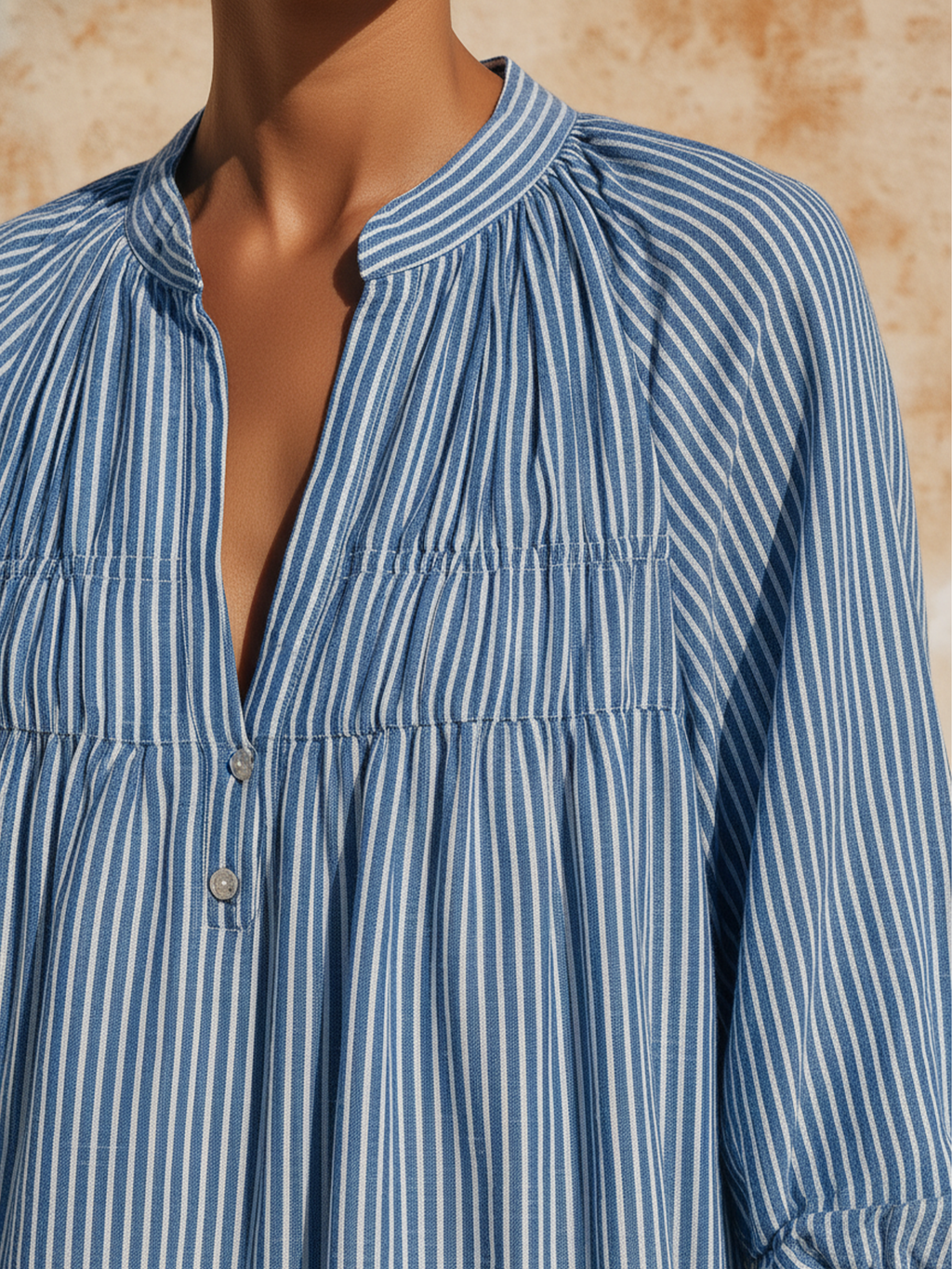 Blue & White Striped Linen Blend Midi Dress