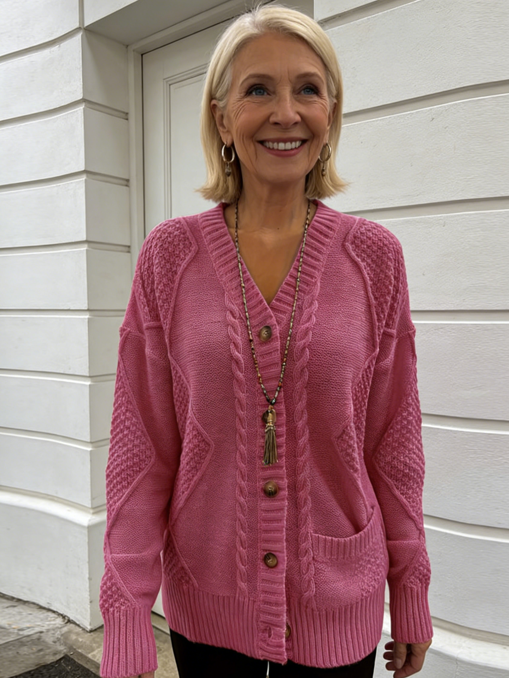 Winter Solid Color Long-sleeved V-neck Knitted Cardigan Breasted Twist Sweater Jacket Women
