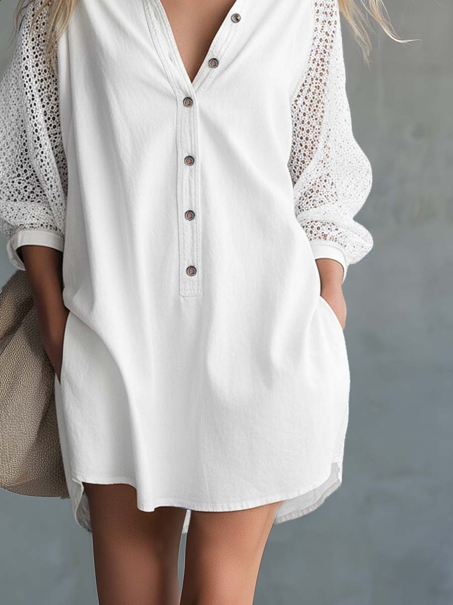 Casual Western Lapel Front Buttons Mesh Sleeves White Denim Mini Dress