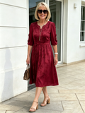 Coffee Brown Floral Print Midi Dress, Split Neck Button Front Ruffle 3/4 Sleeve Tie Waist Slimming Dress for Mature Women